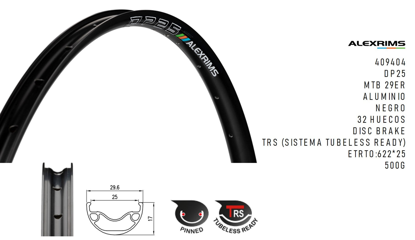 Aro 29 32h DP25 (Ancho Int. 25mm) TRS Tubeless Ready Alexrims