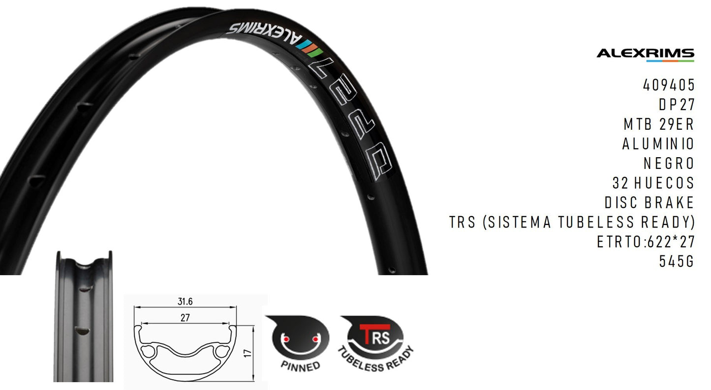 Aro 29 32h DP27 TRS Alexrims Bike Ing